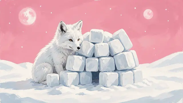A gouache painting of a white arctic fox beside a small stack of snow blocks under a pink polar sky