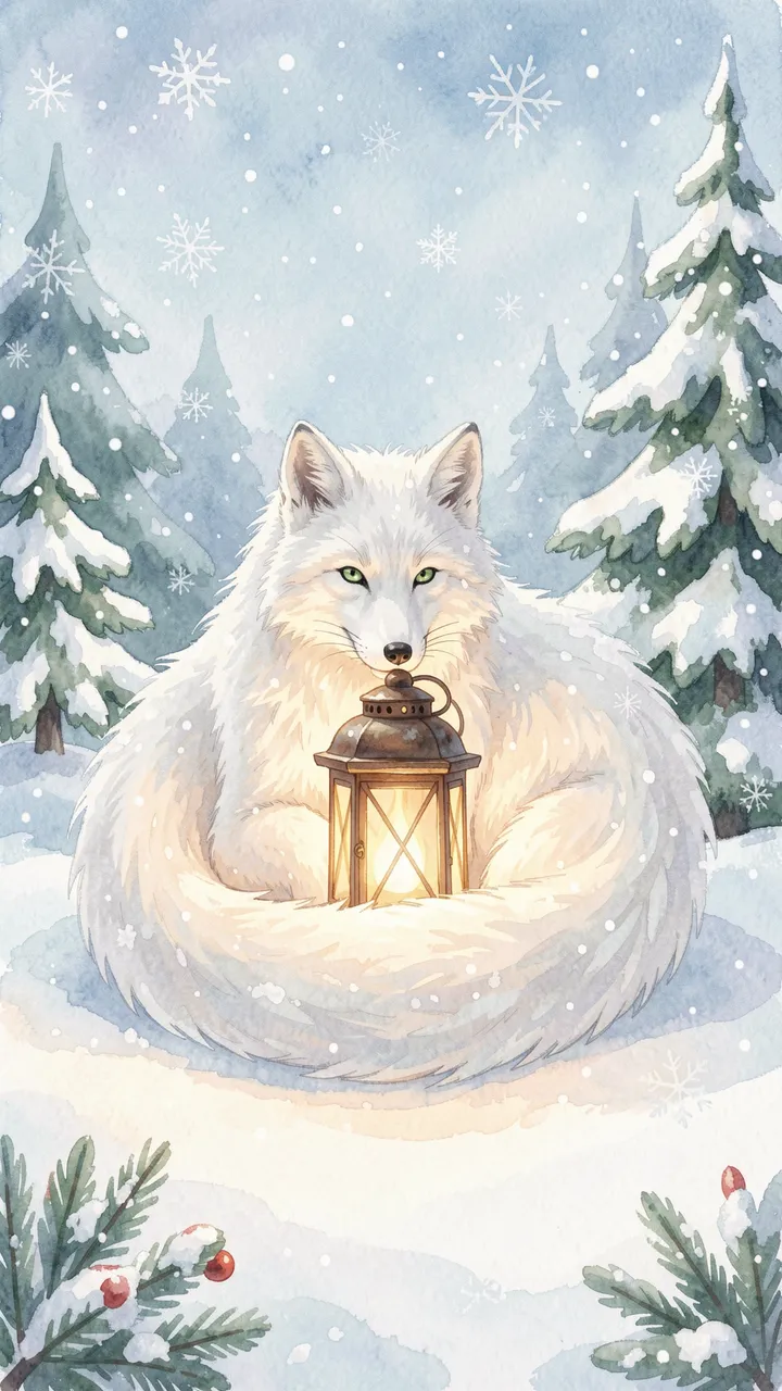 A fluffy white arctic fox curls around a glowing lantern in a snow-covered winter pine forest.