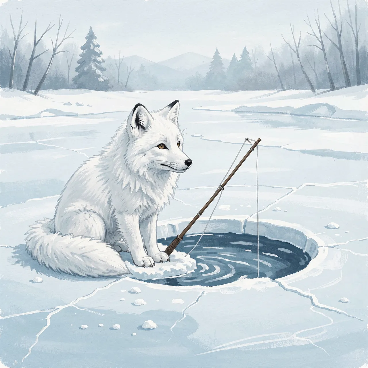 A fluffy white arctic fox sits beside an ice hole with a fishing rod on a frozen winter lake.