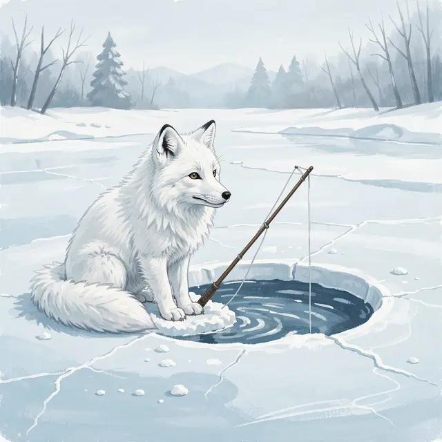 A fluffy white arctic fox sits beside an ice hole with a fishing rod on a frozen winter lake.
