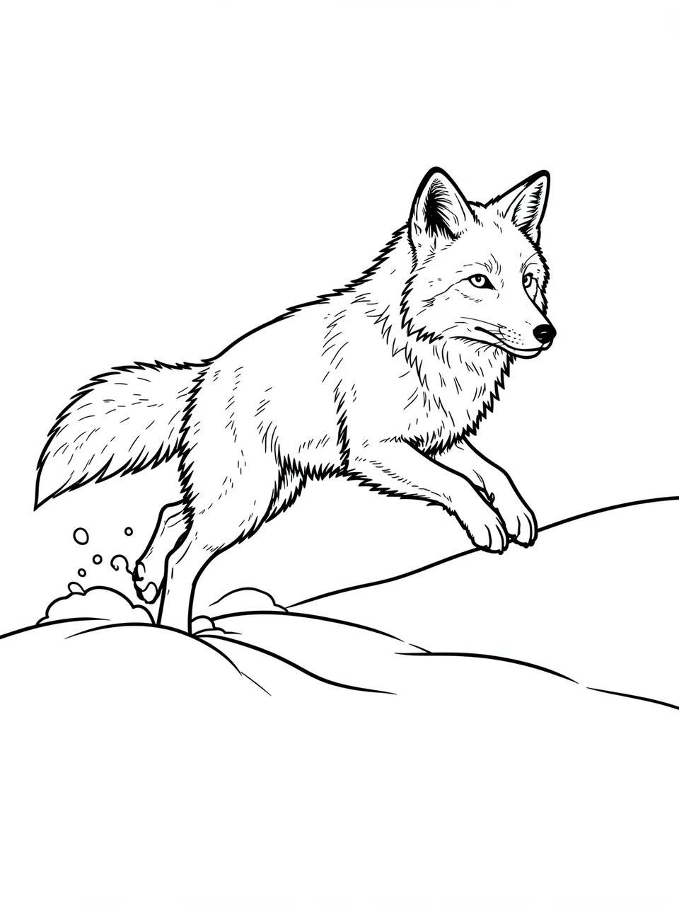 Black and white line art of an arctic fox mid-leap above a snowdrift on a plain white background