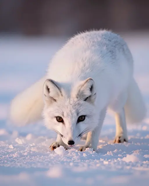 A white winter arctic fox stands on sunlit snow, leaning forward to sniff the ground under soft pink evening light.