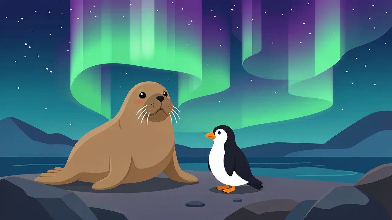 A walrus and penguin stand together on a rocky shore beneath glowing northern lights