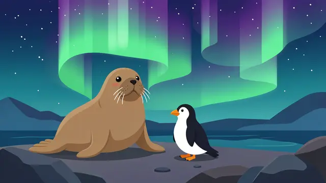 A walrus and penguin stand together on a rocky shore beneath glowing northern lights