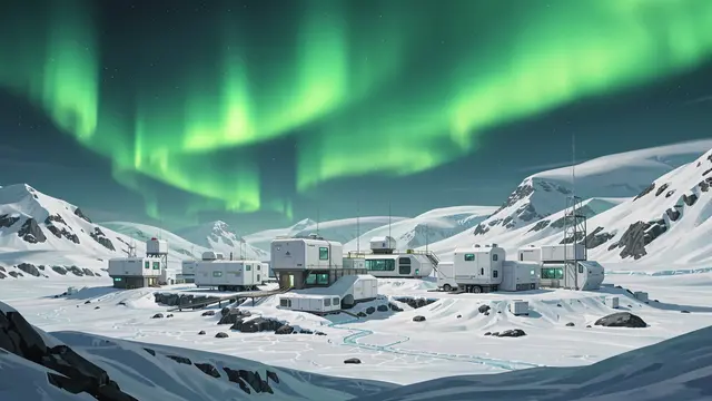 Futuristic white modular research station sits on a snow-covered glacier beneath glowing green aurora borealis
