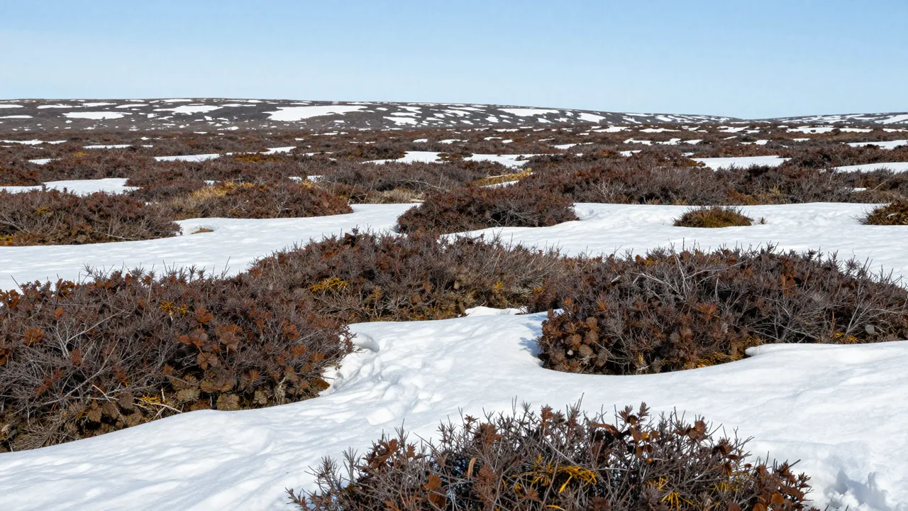 Patchy snow sits between low brown tundra shrubs under a pale clear blue sky