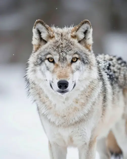 A close-up portrait of an arctic wolf standing in falling snow, looking directly at the camera