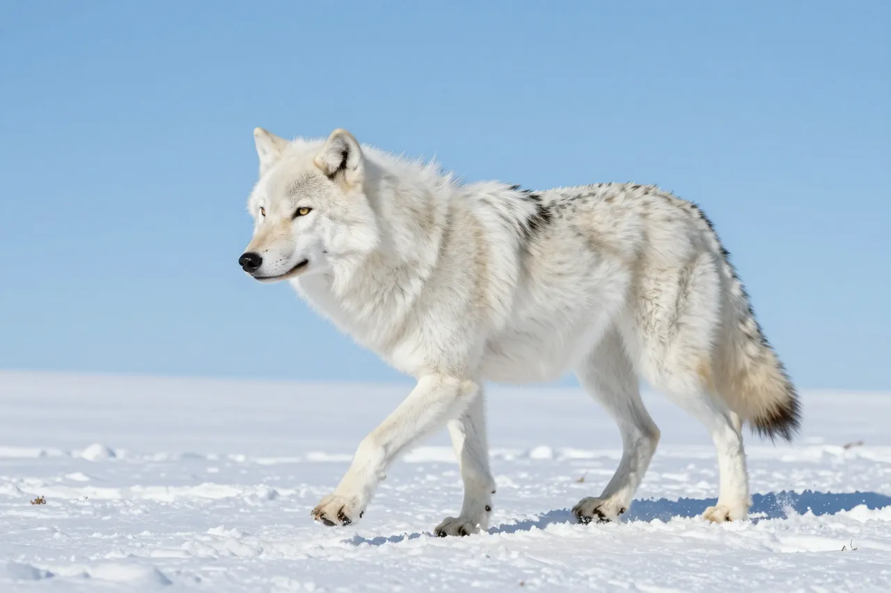 A white arctic wolf walks across open snowy tundra beneath a clear pale blue sky.