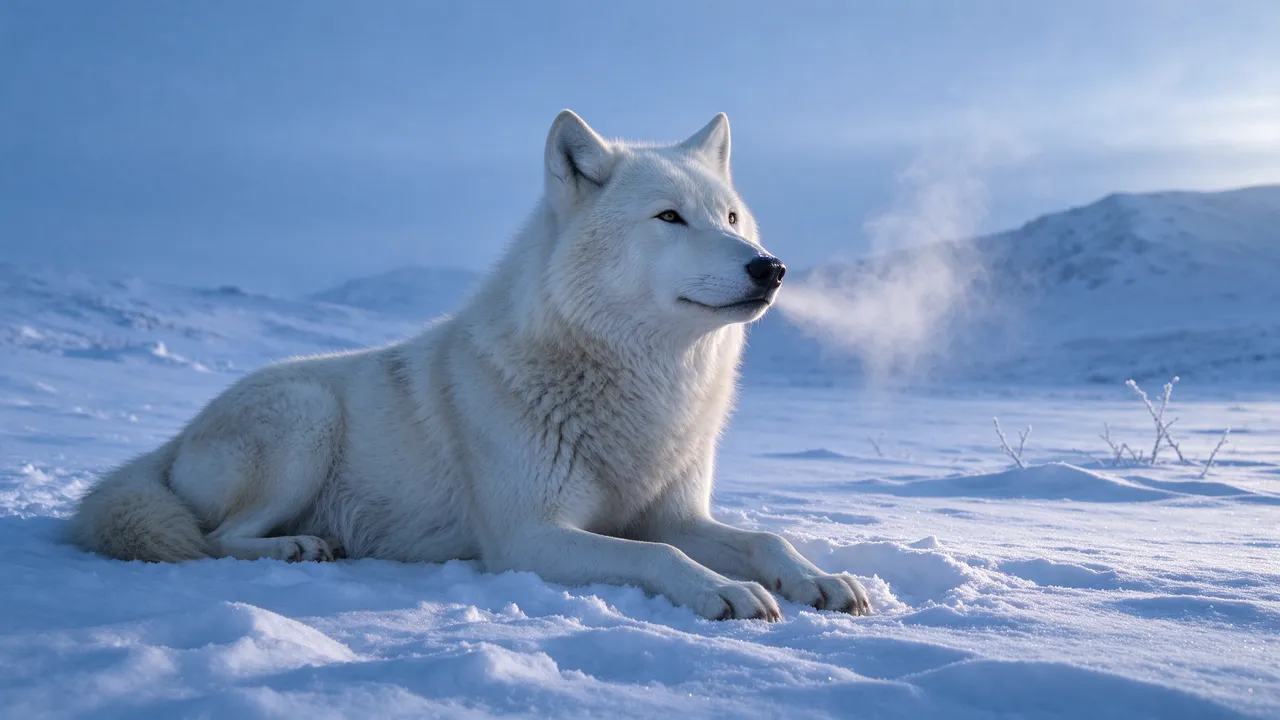 A white arctic wolf lies in snow with its head raised, warm breath steaming in cold blue dawn light.