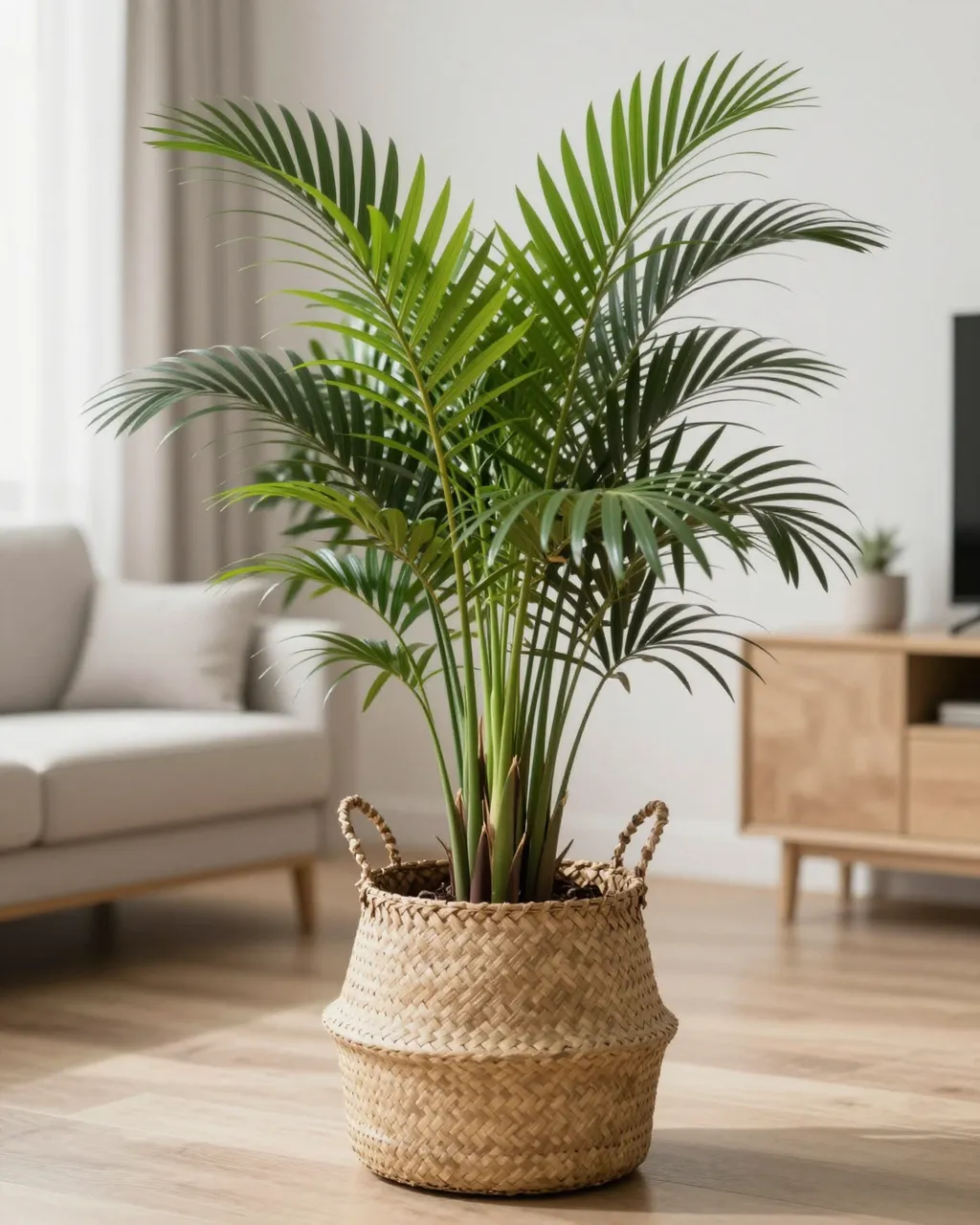 A lush areca palm in a woven seagrass basket sits on hardwood flooring in a bright modern living room