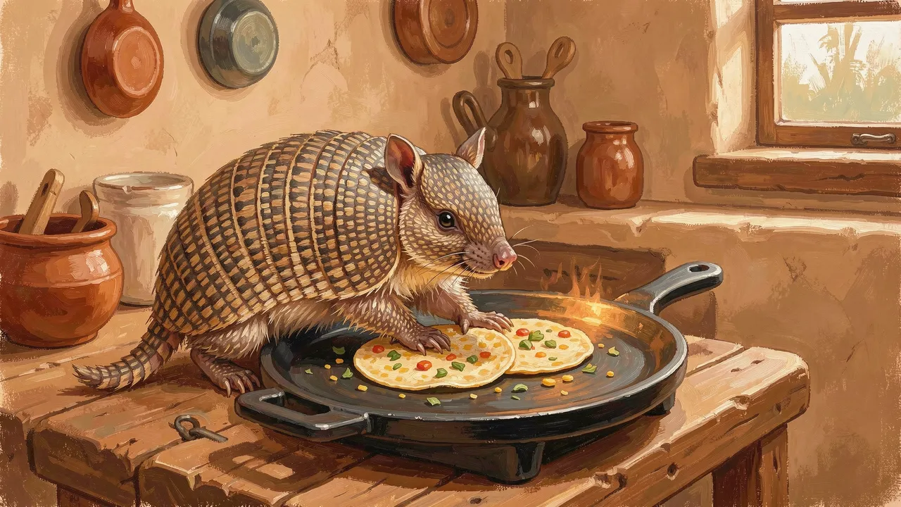 A gouache painted armadillo presses tortillas on a hot griddle in a sunlit adobe kitchen.