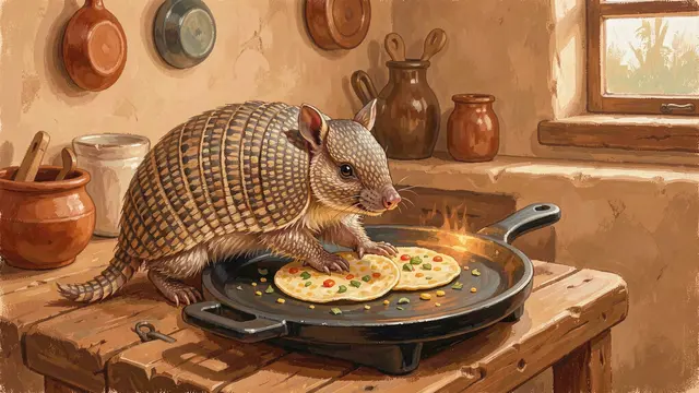 A gouache painted armadillo presses tortillas on a hot griddle in a sunlit adobe kitchen.