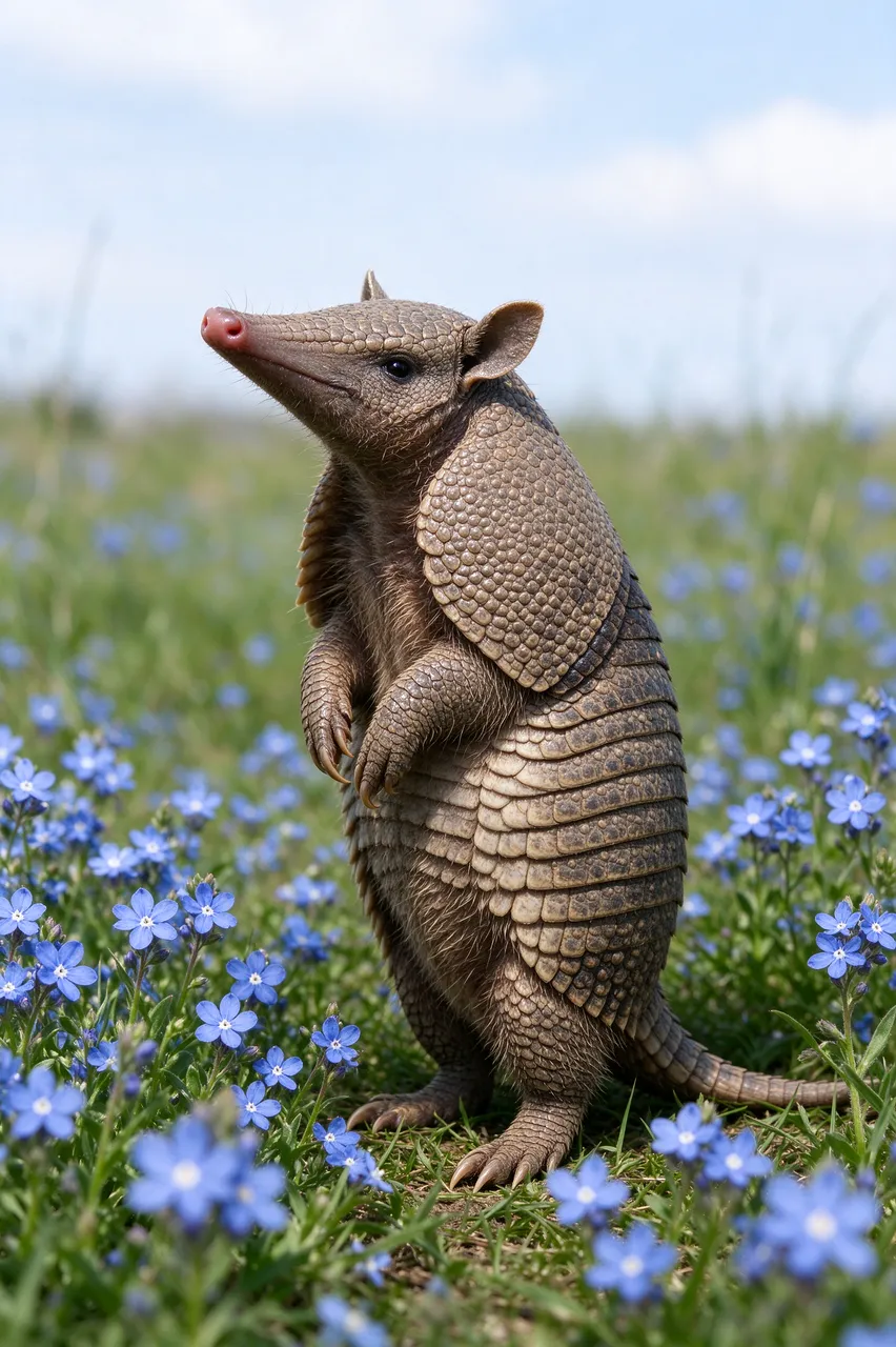 A nine-banded armadillo stands upright on its hind legs in a field of small blue spring wildflowers under bright soft sky.