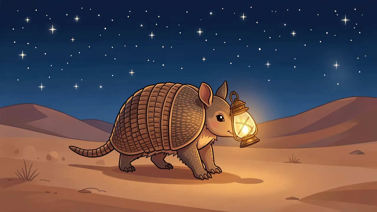 A cute illustrated armadillo carries a glowing lantern across a sandy desert under a starry night sky.