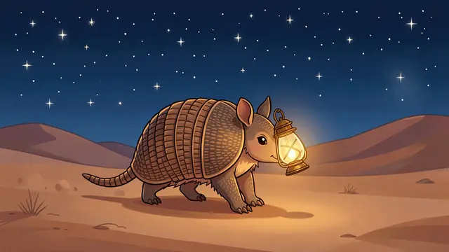 A cute illustrated armadillo carries a glowing lantern across a sandy desert under a starry night sky.