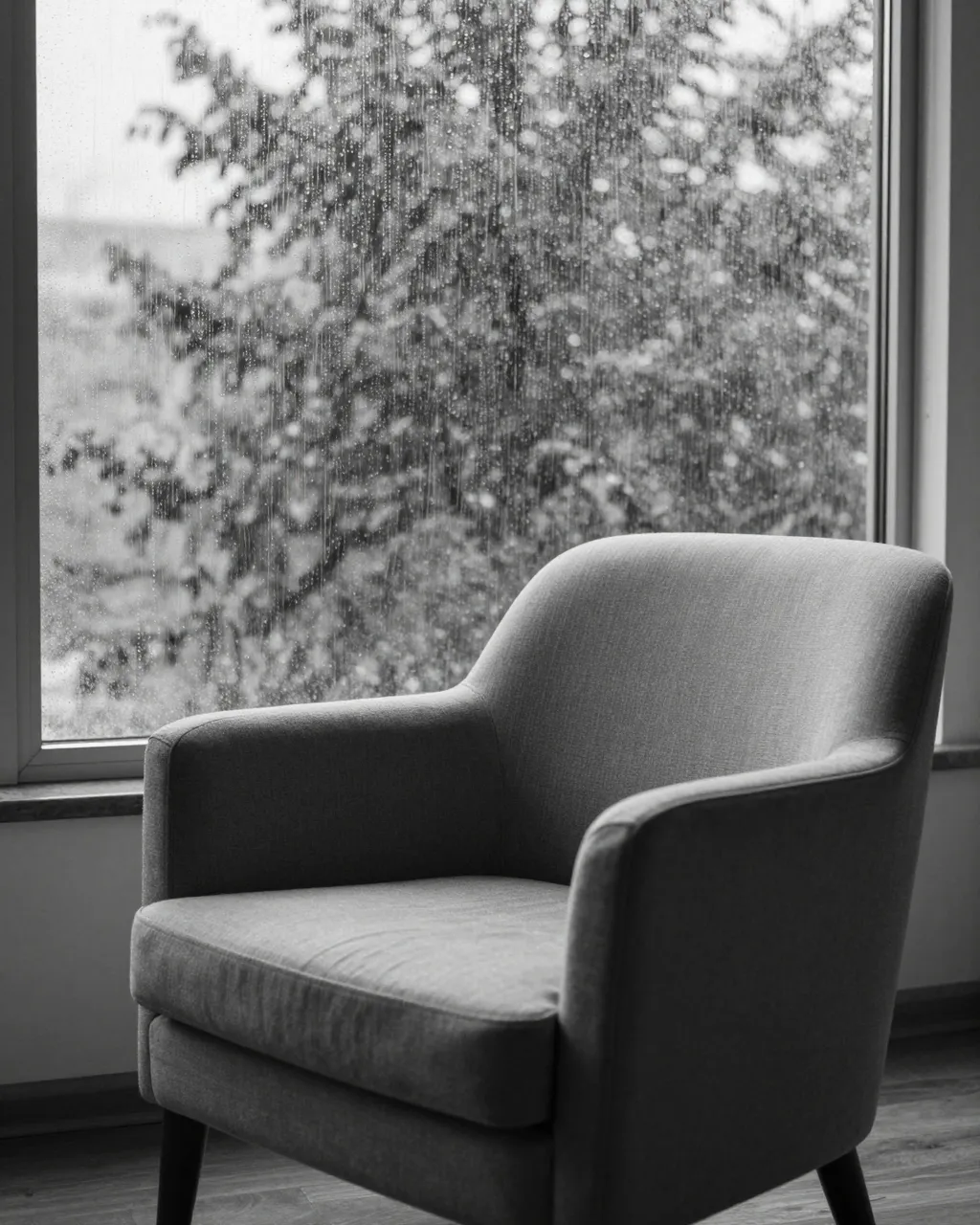 Upholstered armchair sits beside a tall window streaked with rain in soft gray light