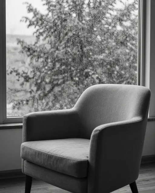 Upholstered armchair sits beside a tall window streaked with rain in soft gray light