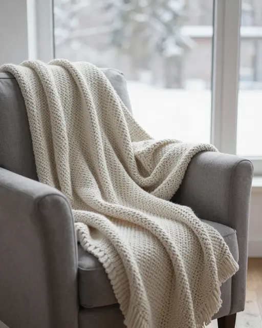 A gray upholstered armchair draped with a cream knit blanket sits beside a window showing a snowy outdoor view.