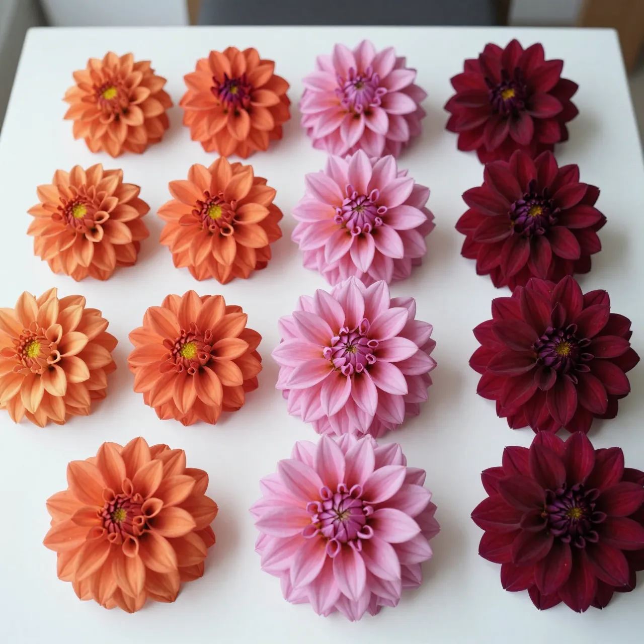 Top view of orange, pink, and burgundy cut dahlia heads laid in neat rows on a white table surface