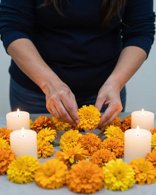 A woman arranges yellow marigold blossoms around lit candles on a tabletop ofrenda setup.