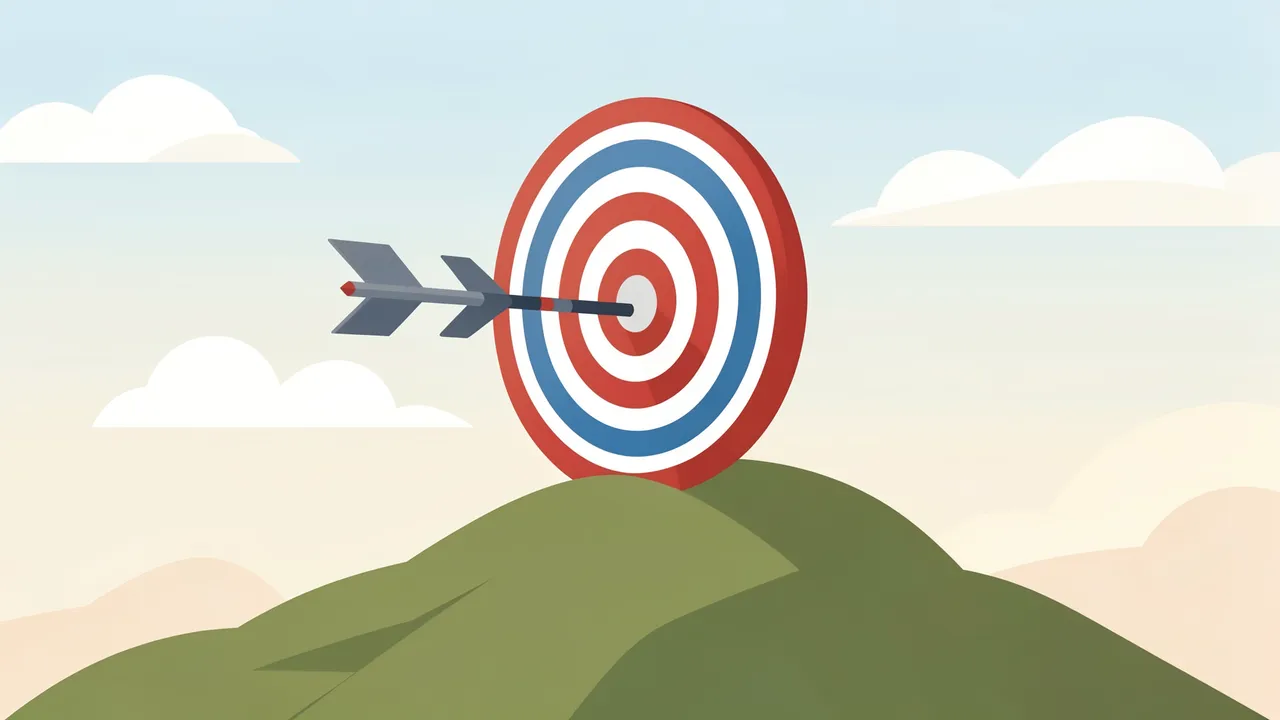 An arrow strikes the center of a large archery target perched on a grassy hill under a soft cloudy sky