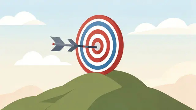 An arrow strikes the center of a large archery target perched on a grassy hill under a soft cloudy sky