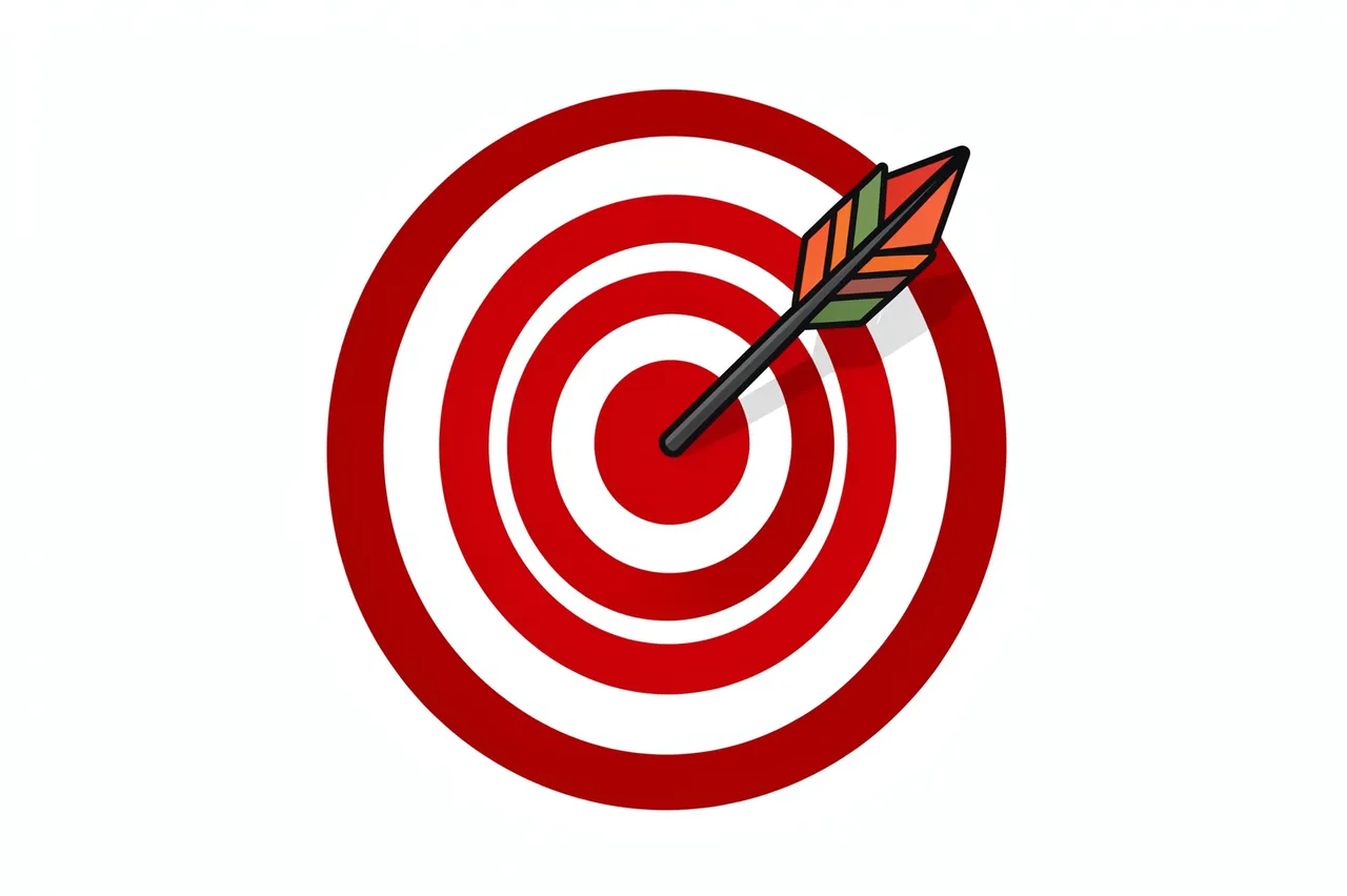 A flat illustration shows an arrow perfectly positioned in the center bullseye of a red and white archery target.