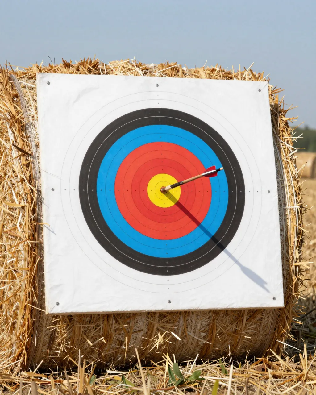 An arrow rests perfectly in the yellow bullseye of an archery target mounted on a straw bale in a sunny field