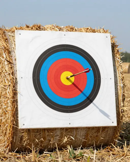 An arrow rests perfectly in the yellow bullseye of an archery target mounted on a straw bale in a sunny field