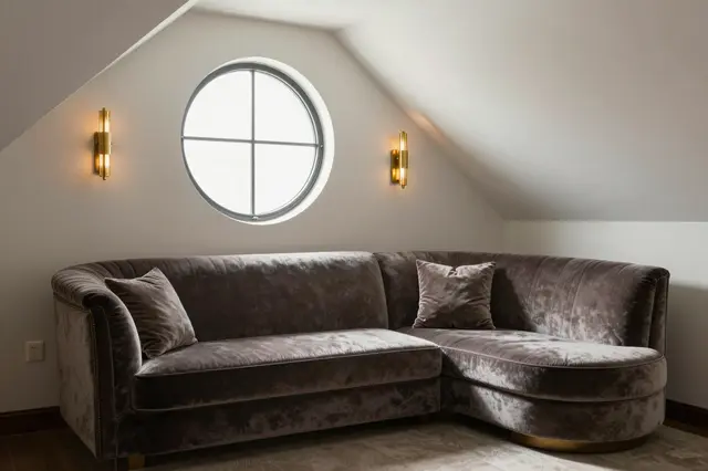 Curved velvet sofa sits under a sloped attic ceiling below a round window and brass wall sconces