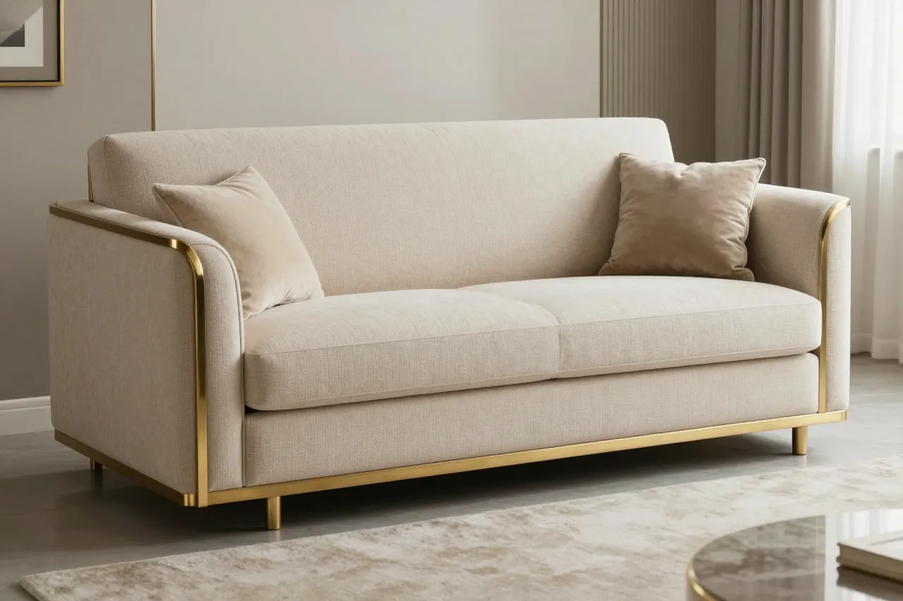 Curved upholstered art deco sofa with brass accents sits in a neutral living room