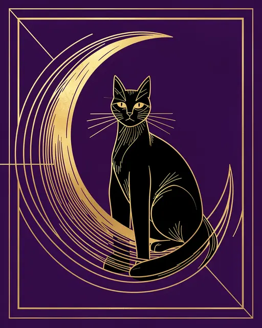 Seated black cat with gold art deco linework sits before a gilded crescent moon on a deep purple background inside a gold