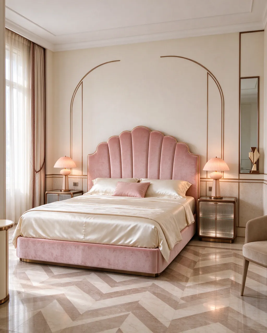 Luxury art deco bedroom with a blush velvet scalloped headboard and chevron marble flooring
