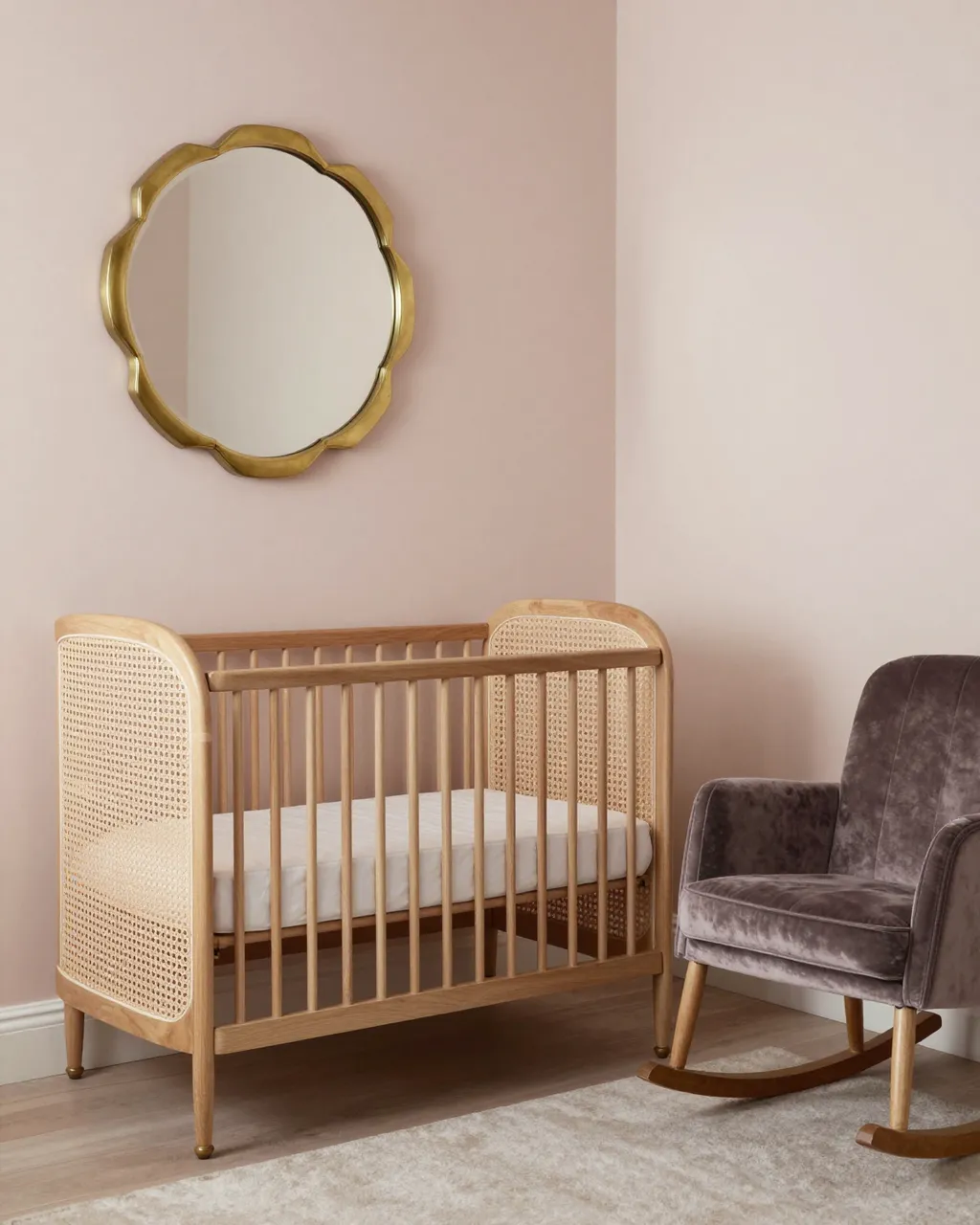 Empty art deco nursery with a cane crib, scalloped brass mirror, and velvet rocking chair against pale pink walls