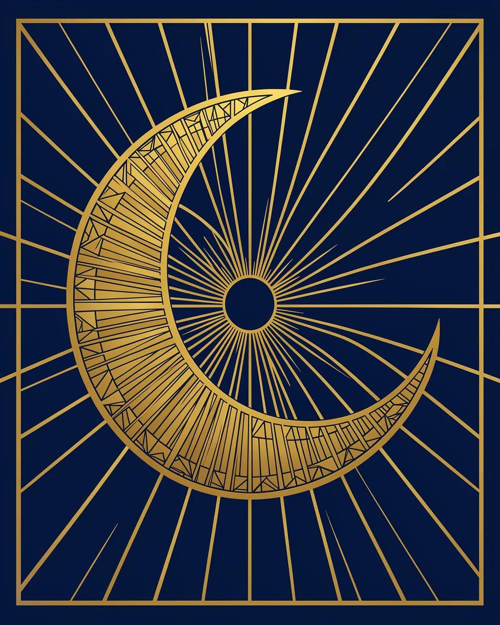 Geometric gold Art Deco crescent moon and radiating rays on a deep midnight blue background