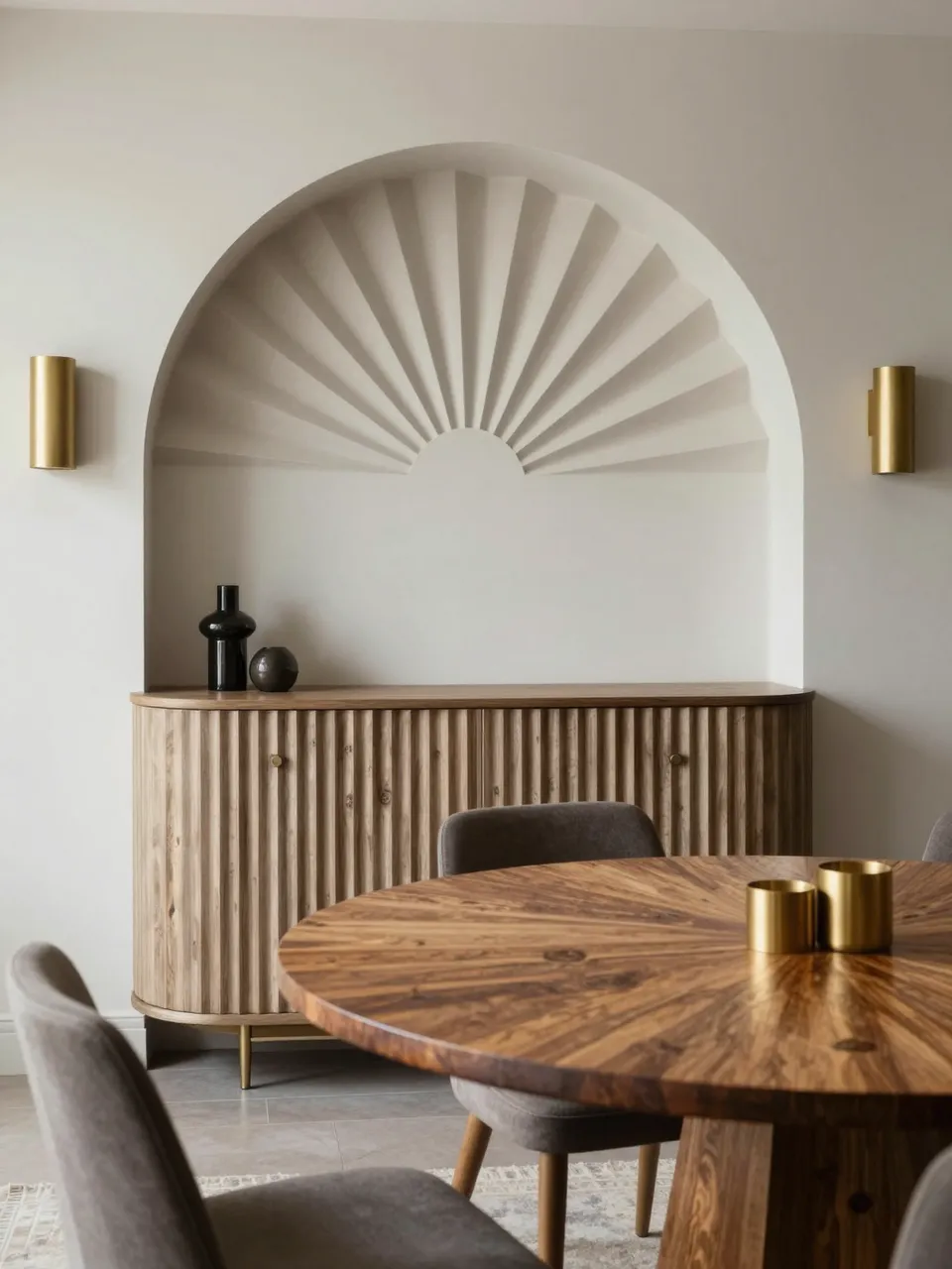 Elegant art deco dining room with fan arched niche fluted sideboard oval wood table and brass sconces