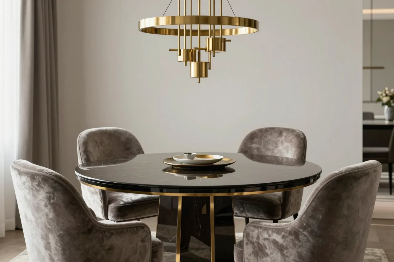 Stylish art deco dining room with round lacquered table, velvet chairs and brass chandelier