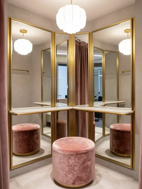 Corner art deco dressing room with mirrored brass cabinets, pink velvet pouf and scalloped pendant light