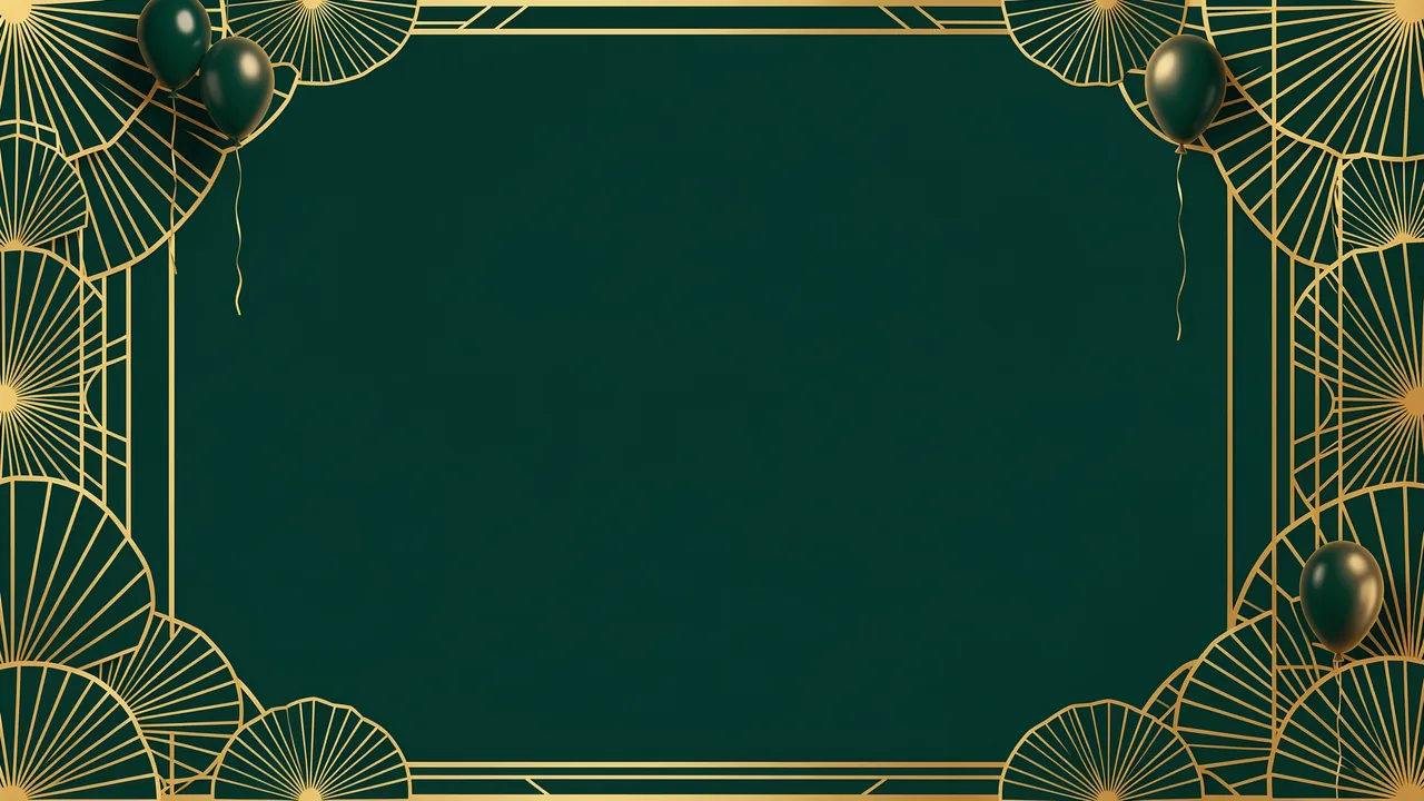 Deep emerald background with gold art deco fan motifs, edge balloons, and empty central copy space