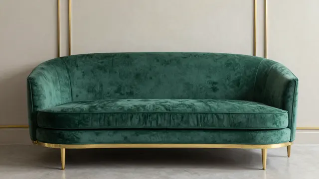 Curved emerald velvet art deco sofa with brass trim sits against a paneled neutral wall