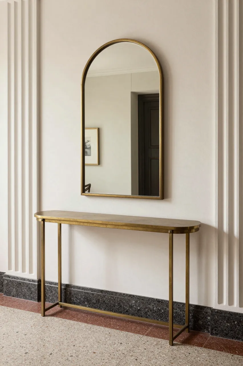 An arched brass mirror hangs above a curved brass console table against a fluted plaster wall with terrazzo flooring