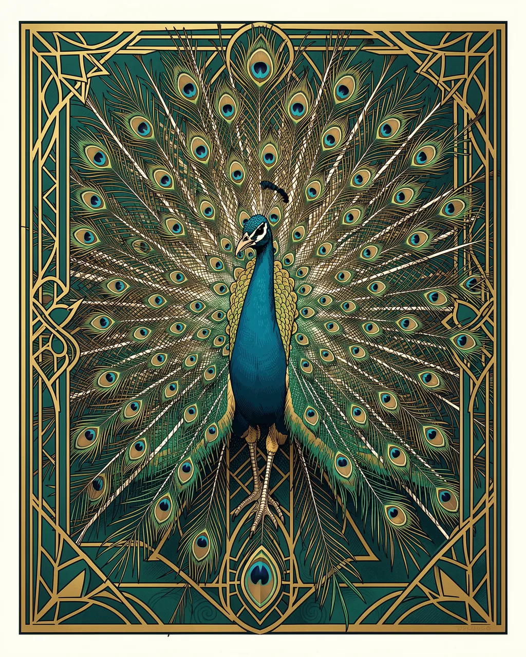 Symmetrical Art Deco illustration of a peacock with a fully fanned tail framed by gold geometric ornamentation on a teal