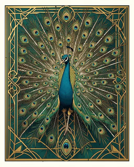 Symmetrical Art Deco illustration of a peacock with a fully fanned tail framed by gold geometric ornamentation on a teal