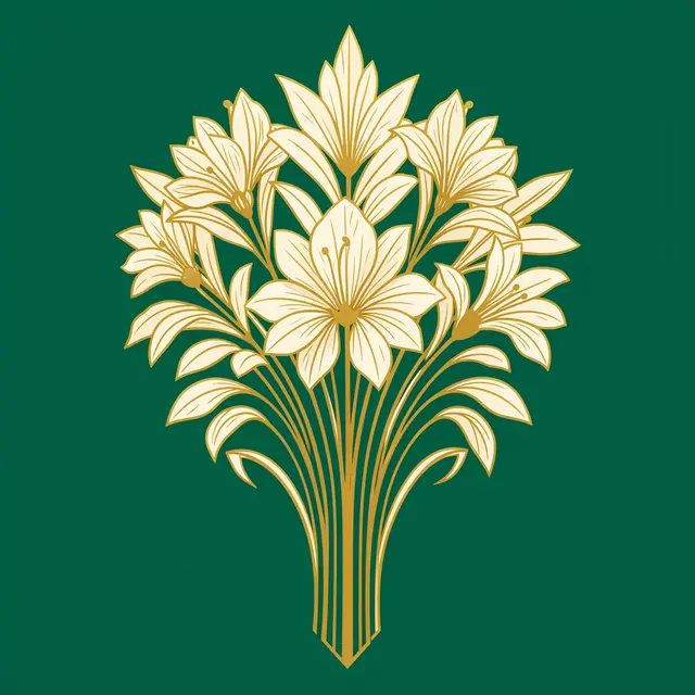 Stylized ivory and gold Art Deco flower bouquet set against a solid emerald green background