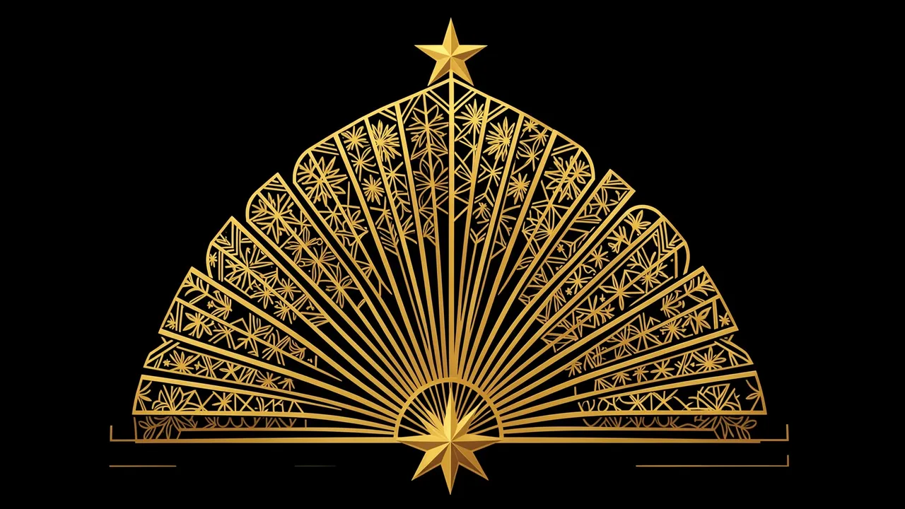 A fan-shaped gold art deco Christmas tree with star details against a solid black background