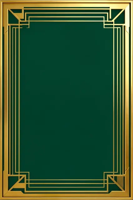 Ornate stepped art deco gold frame sits on a solid deep emerald green background with empty center copy space