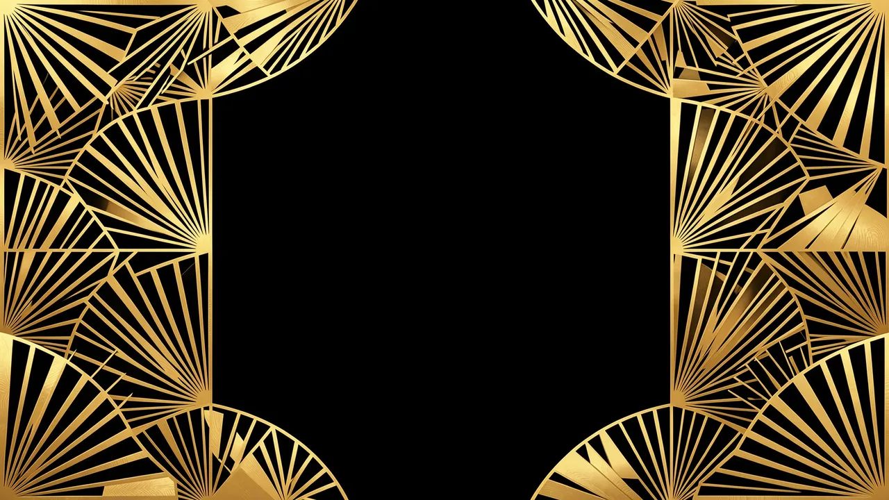 Symmetric gold Art Deco fan-shaped line art frames a solid empty black central area