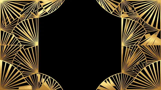 Symmetric gold Art Deco fan-shaped line art frames a solid empty black central area