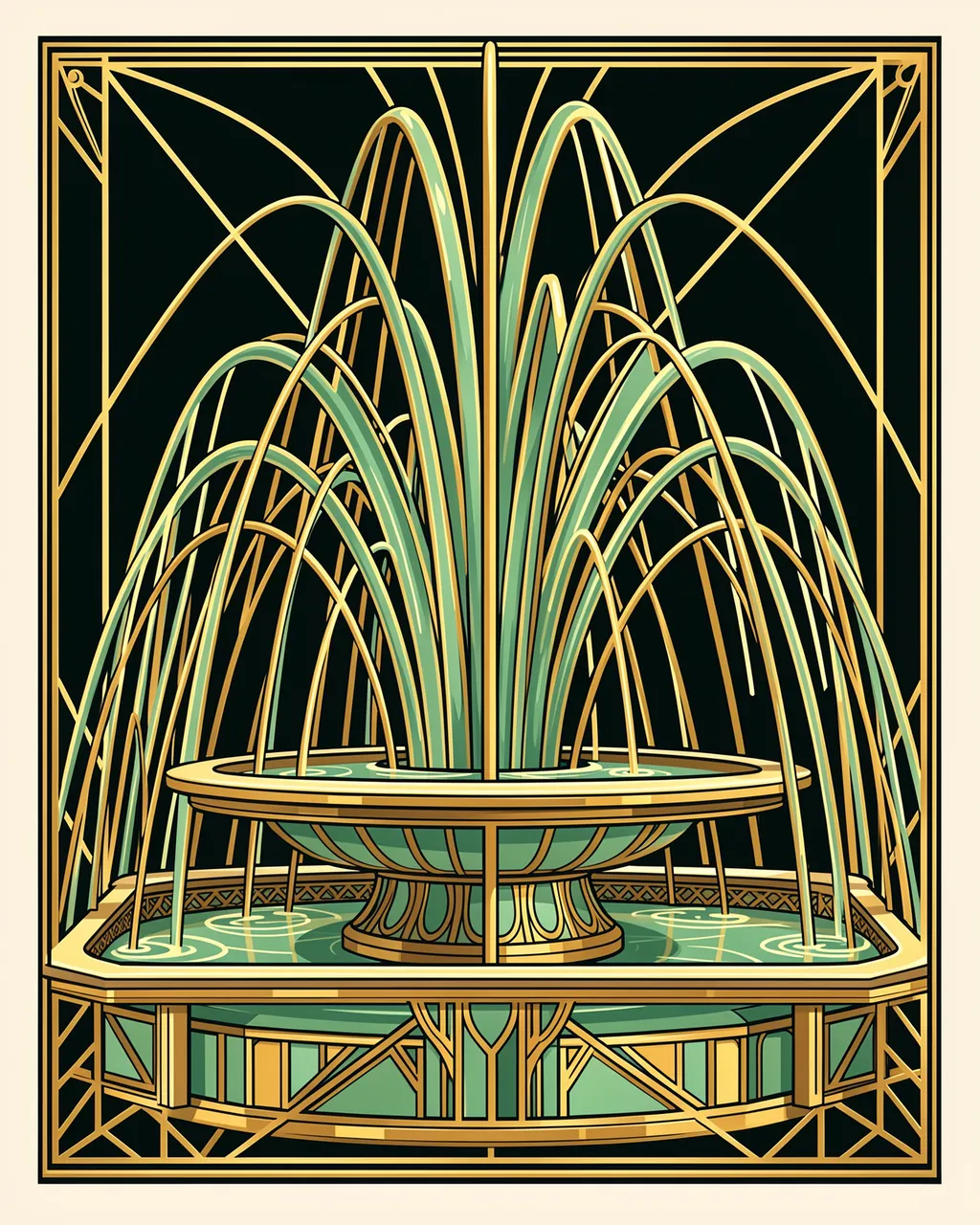 Stylized Art Deco illustration of a fountain with curved gold and jade water arcs inside a geometric decorative frame