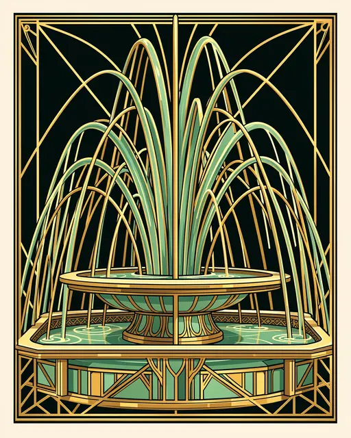 Stylized Art Deco illustration of a fountain with curved gold and jade water arcs inside a geometric decorative frame